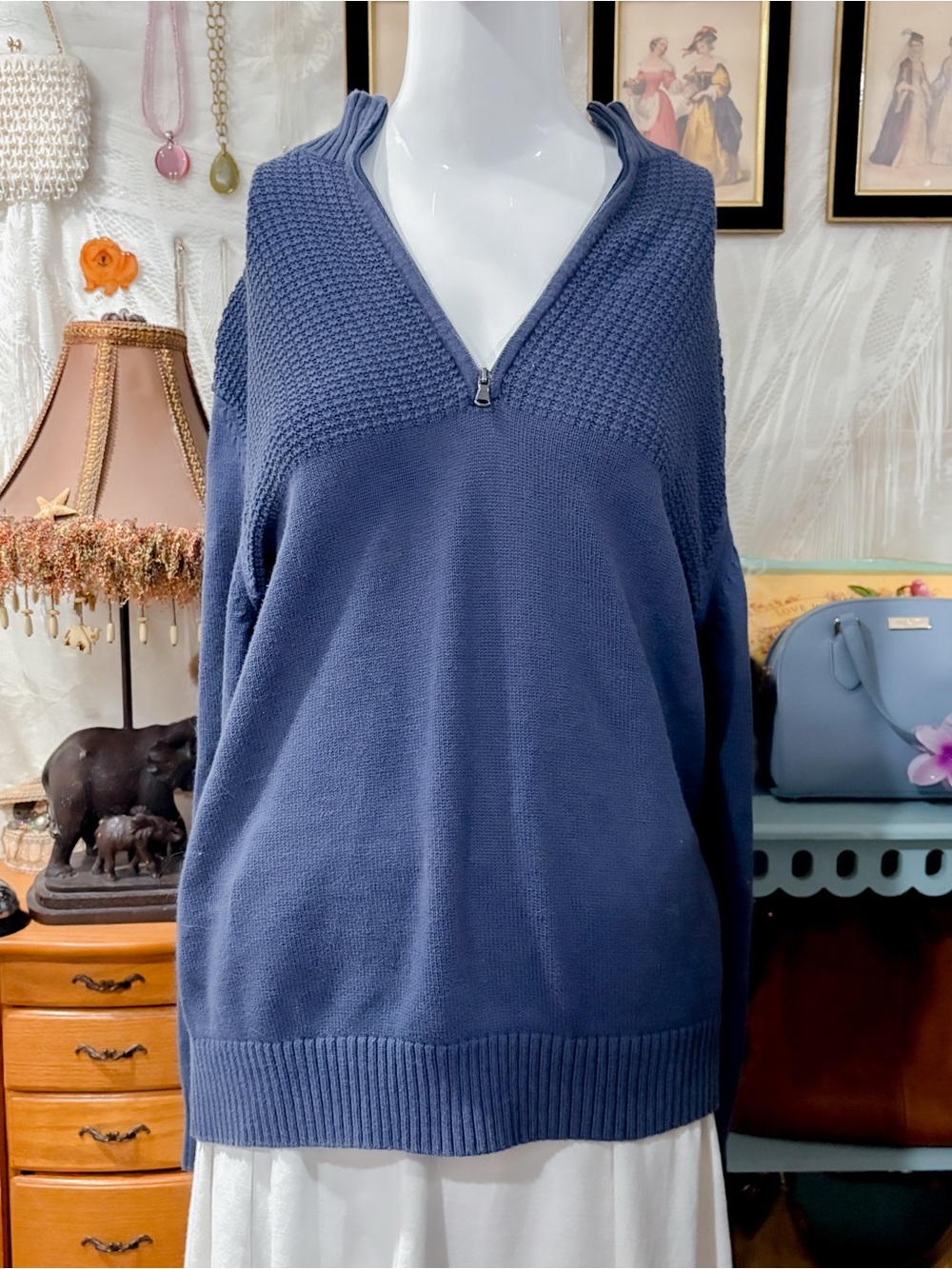 Preppy casual quarter zip blue cotton sweater